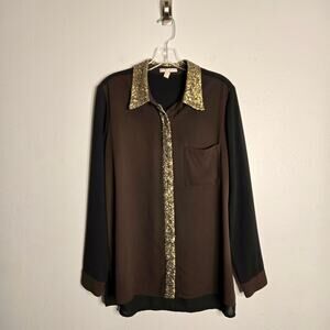 Alberto Makali  Black Brown Colorblock Blouse With Gold Sequin Trim Size L Chic